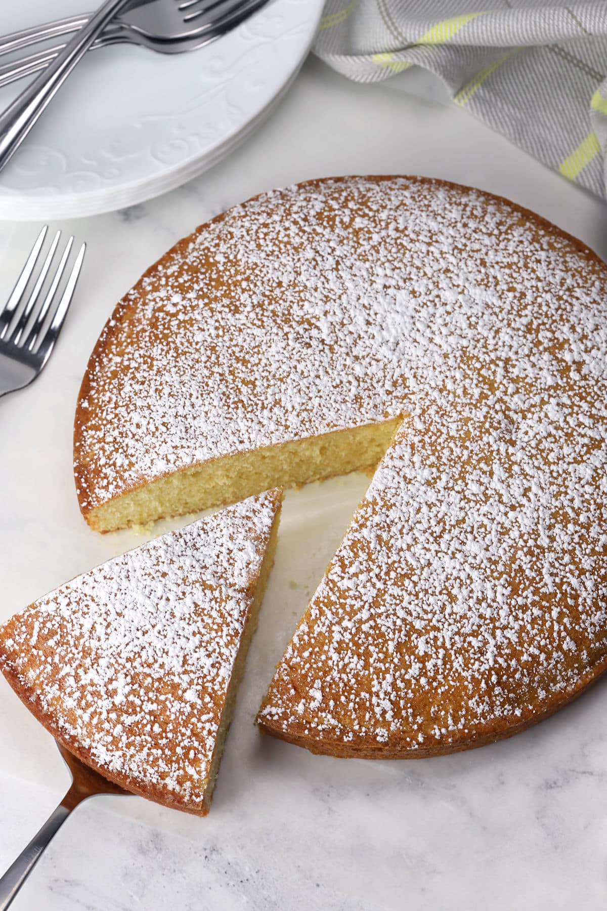 An Irish tea cake dusted with confectioner's sugar.