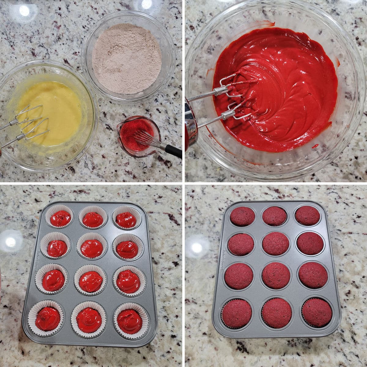 Making red velvet mini cupcakes.