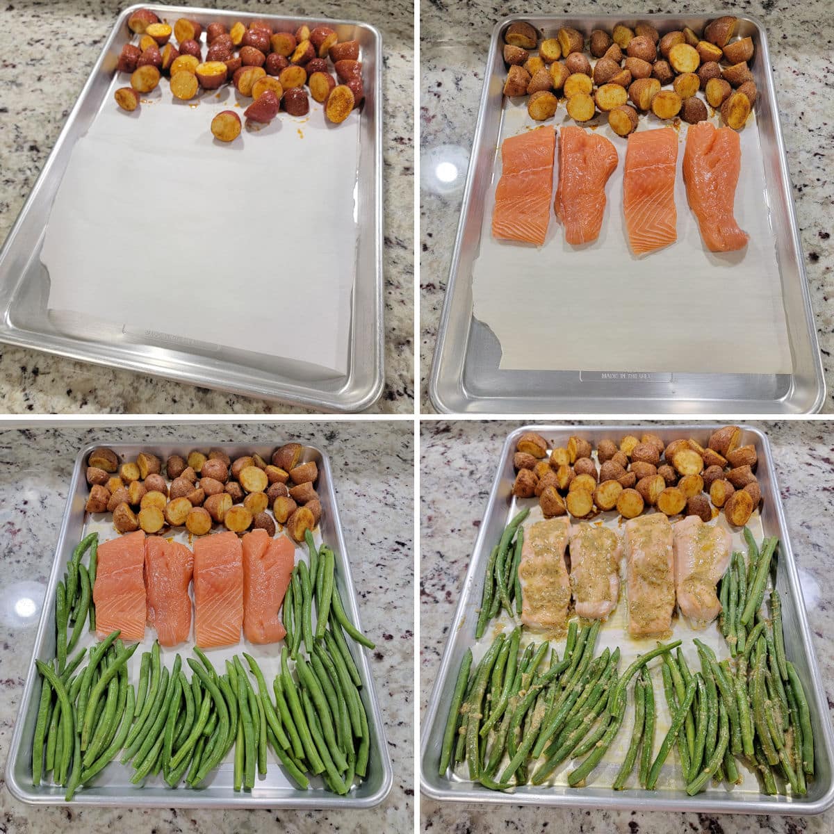 Assembling salmon and veggies on a sheet pan.