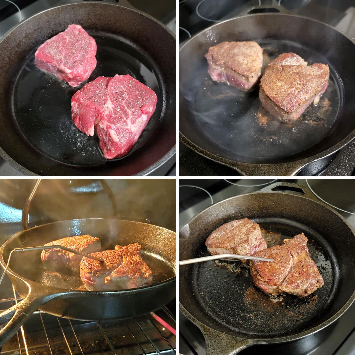 Cooking filet mignon steaks in a cast iron pan.