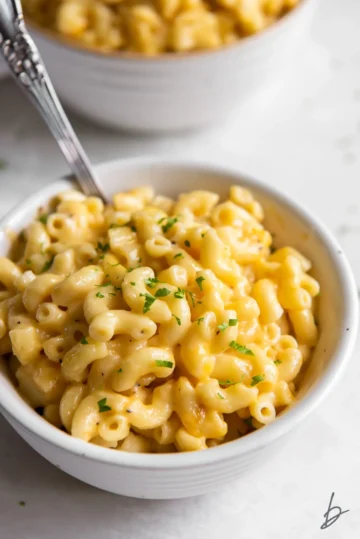 A bowl of macaroni and cheese.