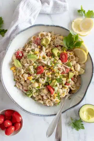 A bowl of tuna pasta salad.