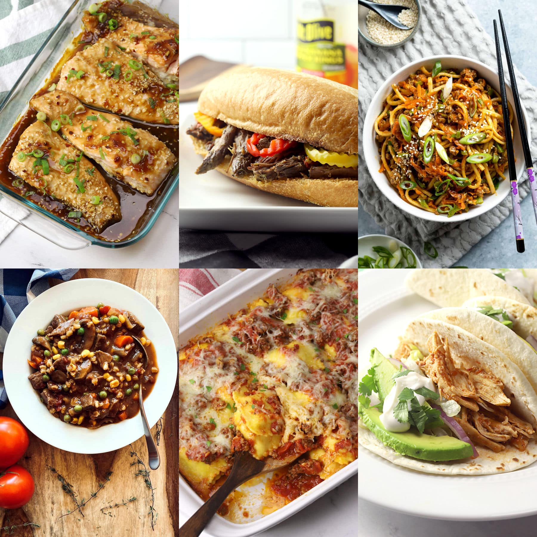 A decorative collage of various lazy Sunday dinner recipes.