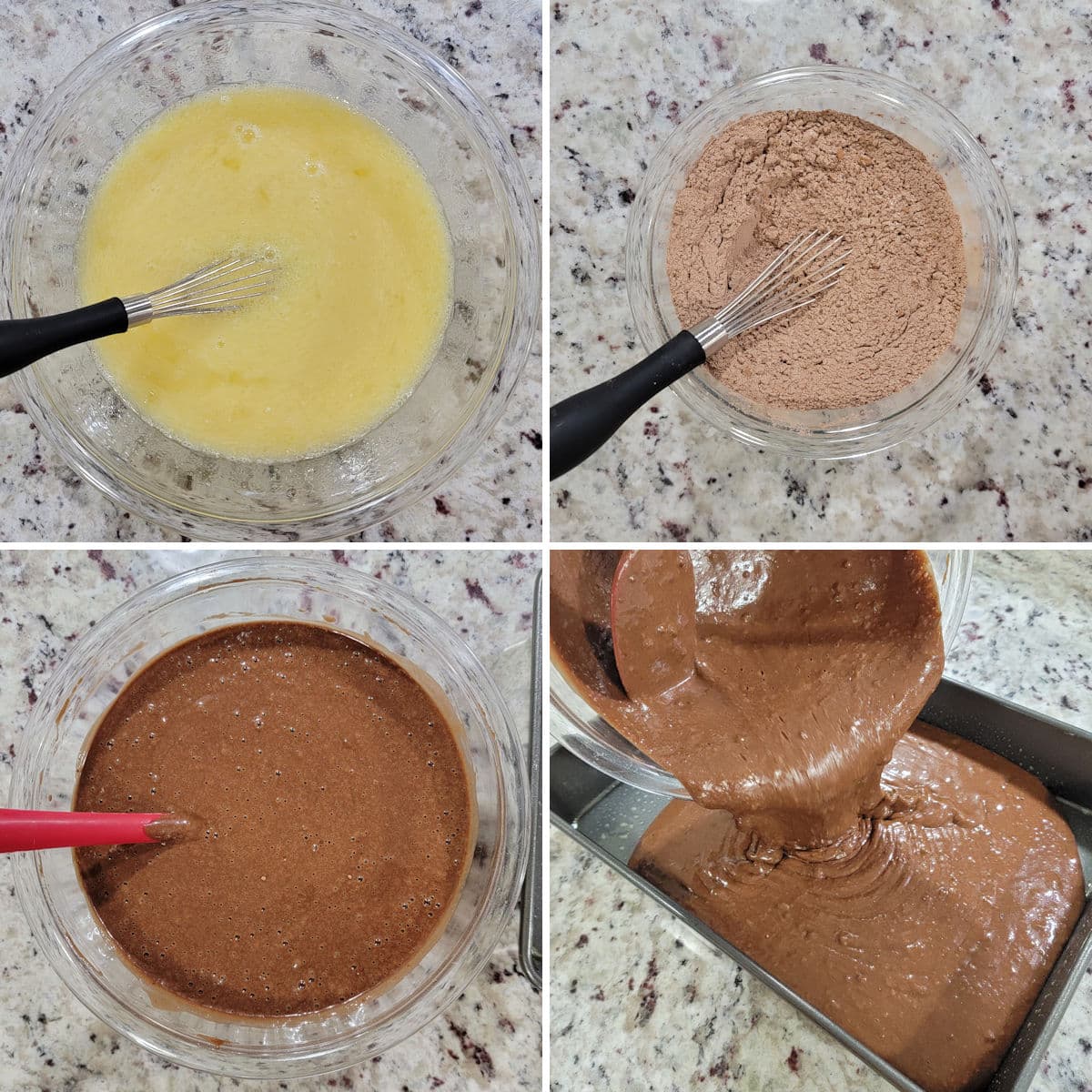 Mixing chocolate cake batter in a glass bowl.