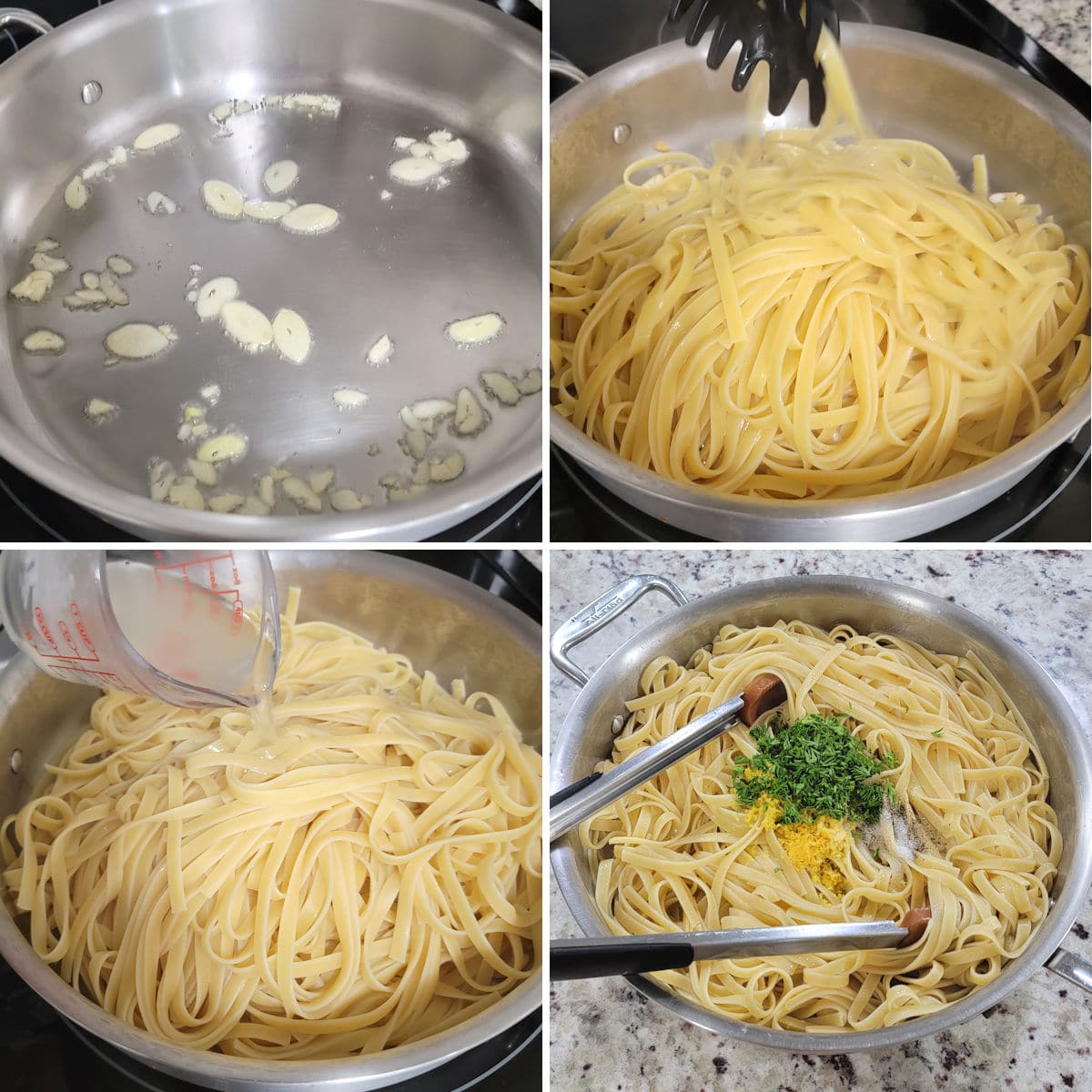 Making lemon garlic pasta in a saute pan.