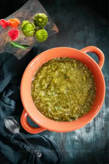 Red bowl of salsa verde.