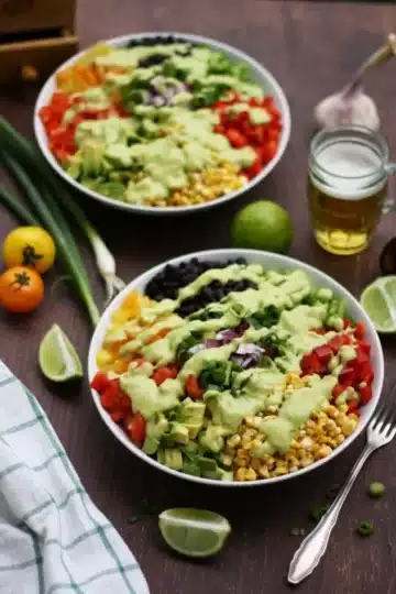 Two bowls of Mexican chopped salad with avocado dressing.