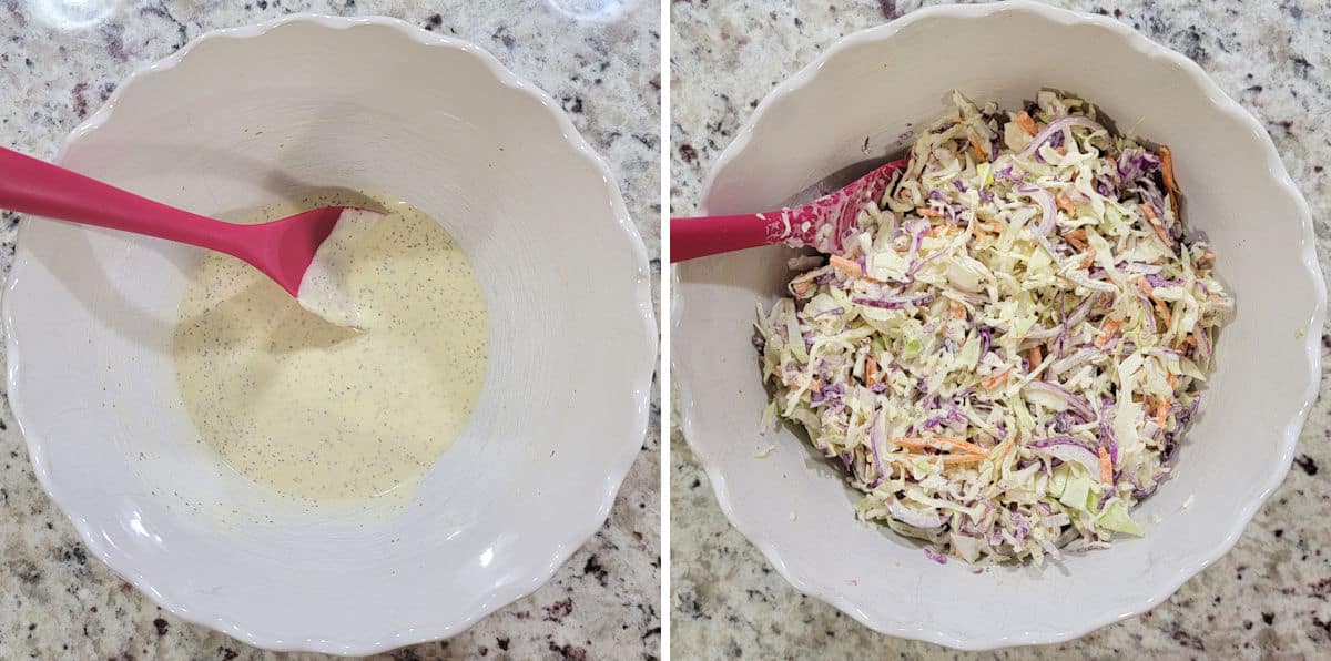 Preparing the dressing and tossing coleslaw ingredients together.