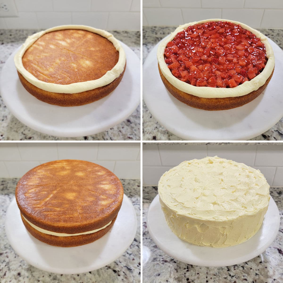 Assembling a white cake with strawberry filling.