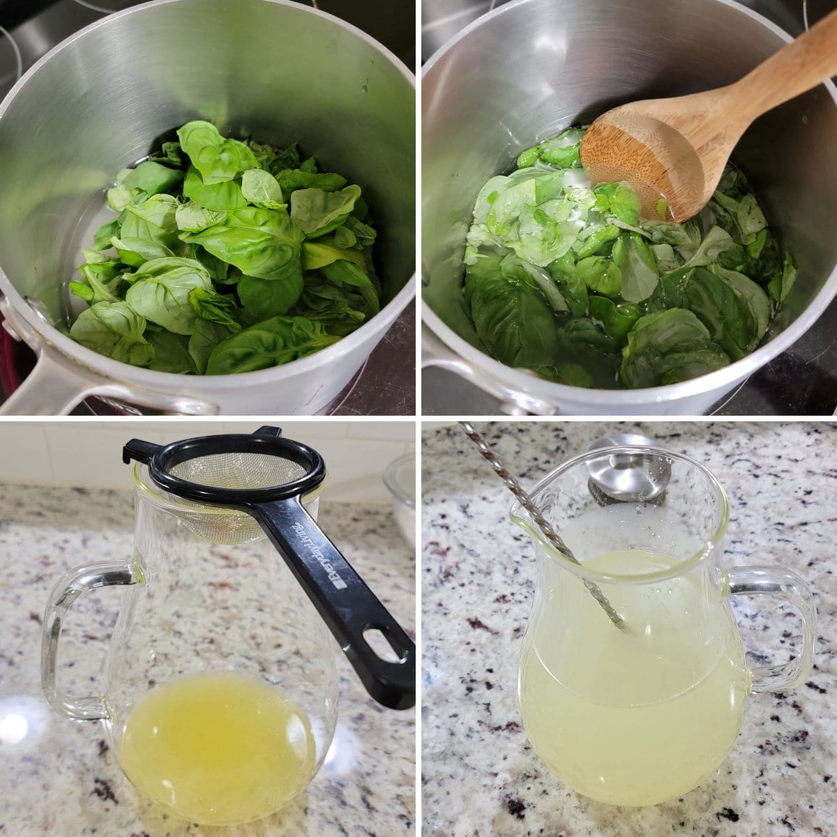 Making basil simple syrup and mixing into lemon juice.