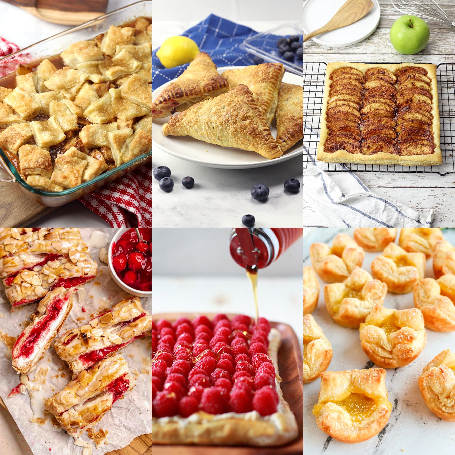 A decorative collage of puff pastry desserts.