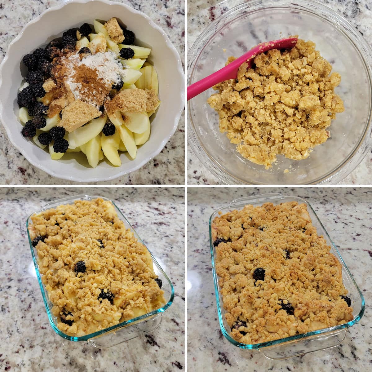 Making apple blackberry crumble in a glass casserole dish.