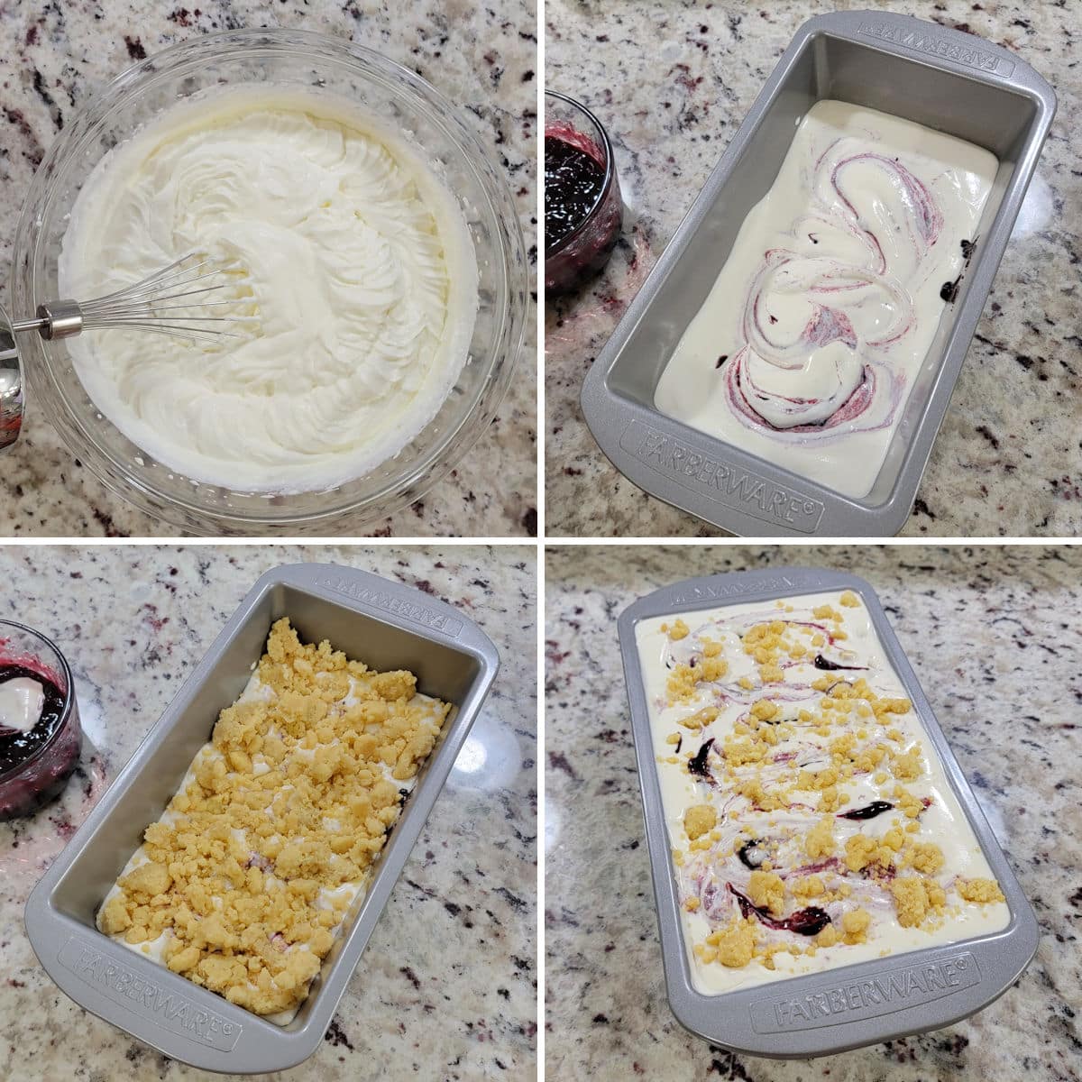 Assembling boysenberry ice cream in a loaf pan.