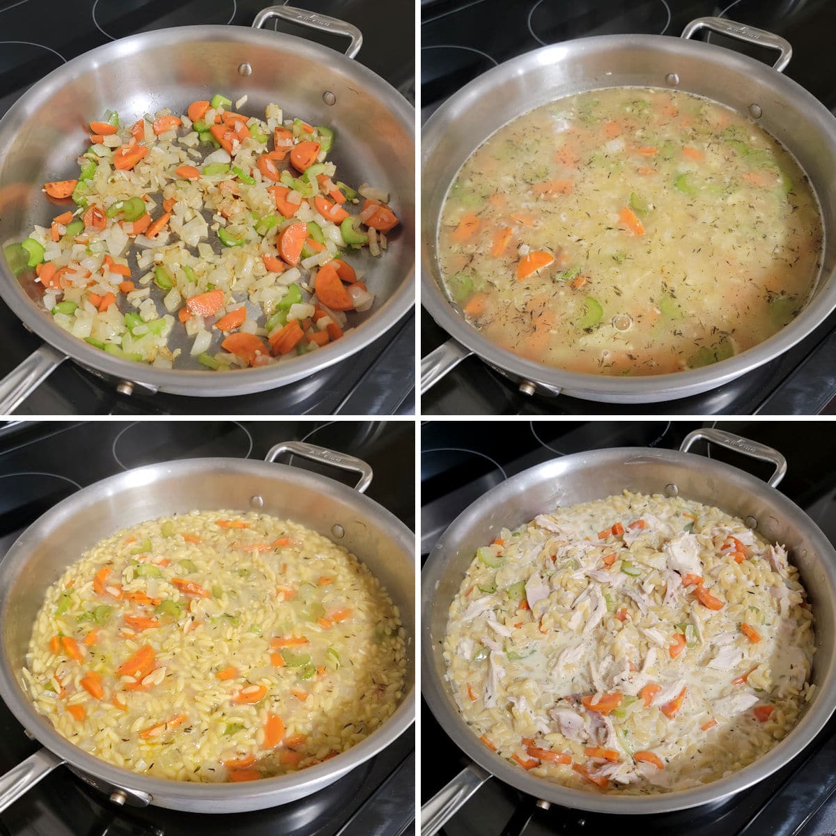 Making creamy chicken orzo in a saute pan on the stove top.