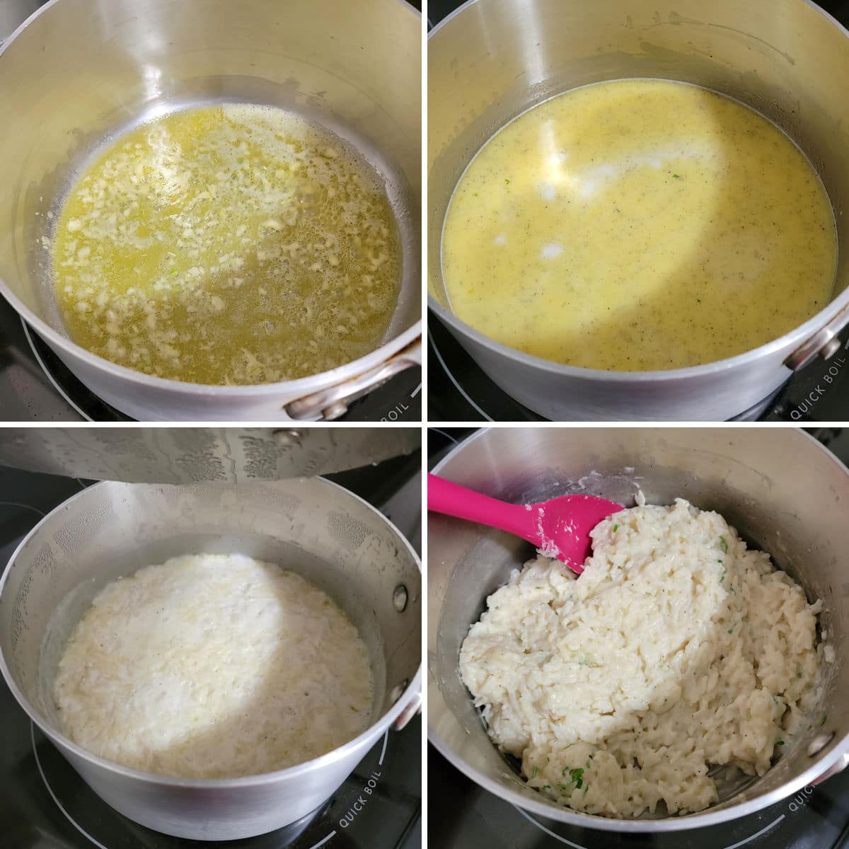 Making garlic parmesan rice in a pan on the stovetop.