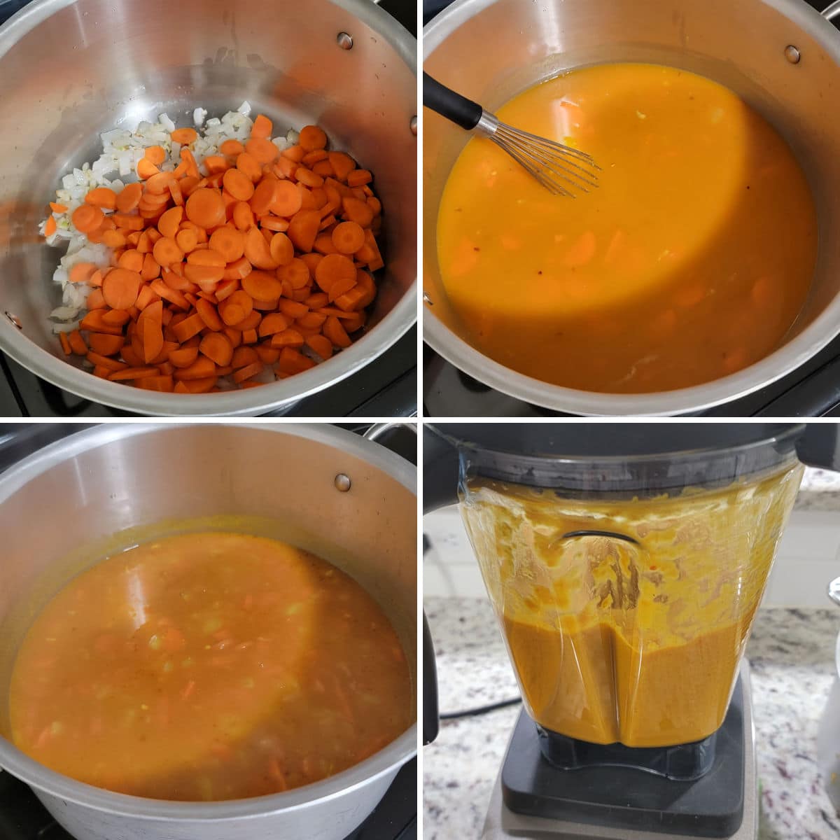 Making pumpkin carrot soup in a stock pot.