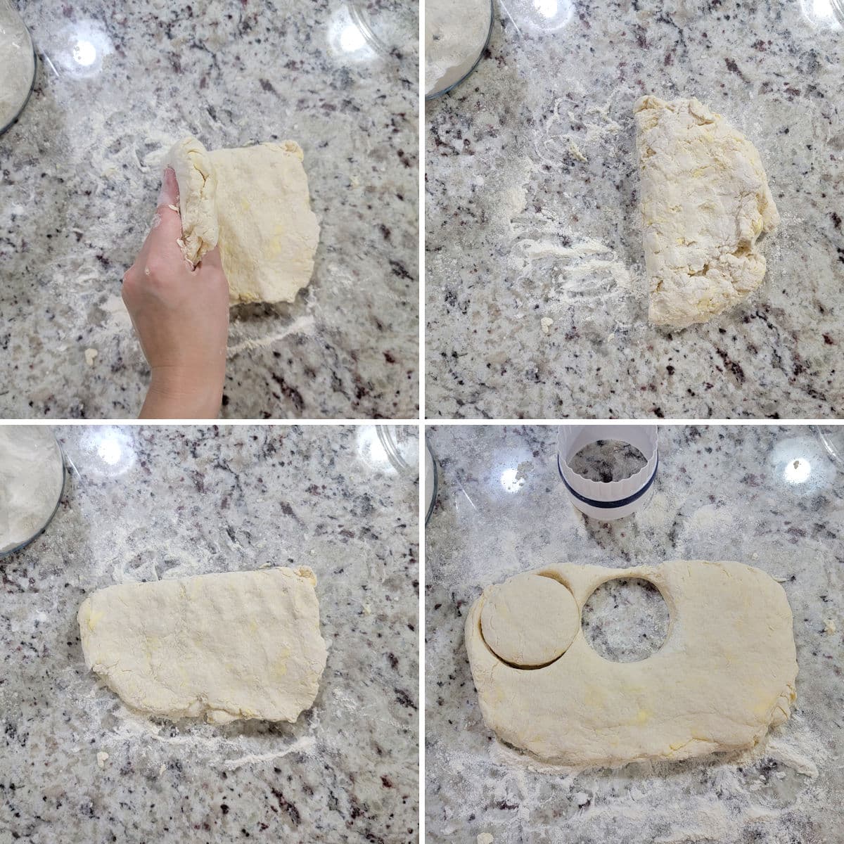 Making biscuit dough on a countertop.