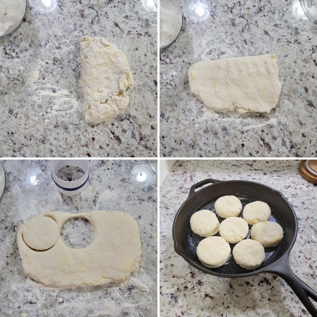 Folding biscuit dough and cutting out round biscuits.