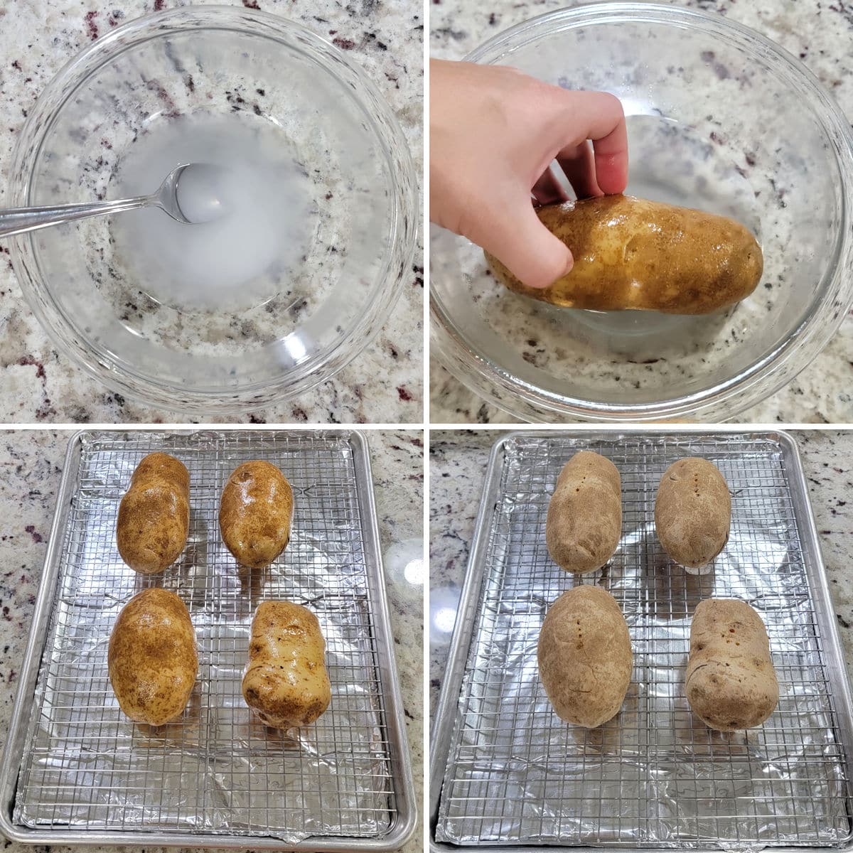 Preparing russet potatoes for baking on a sheet pan.