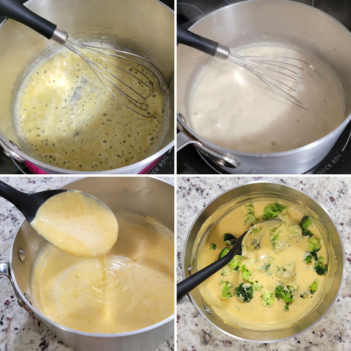 Making broccoli cheese sauce in a saucepan.