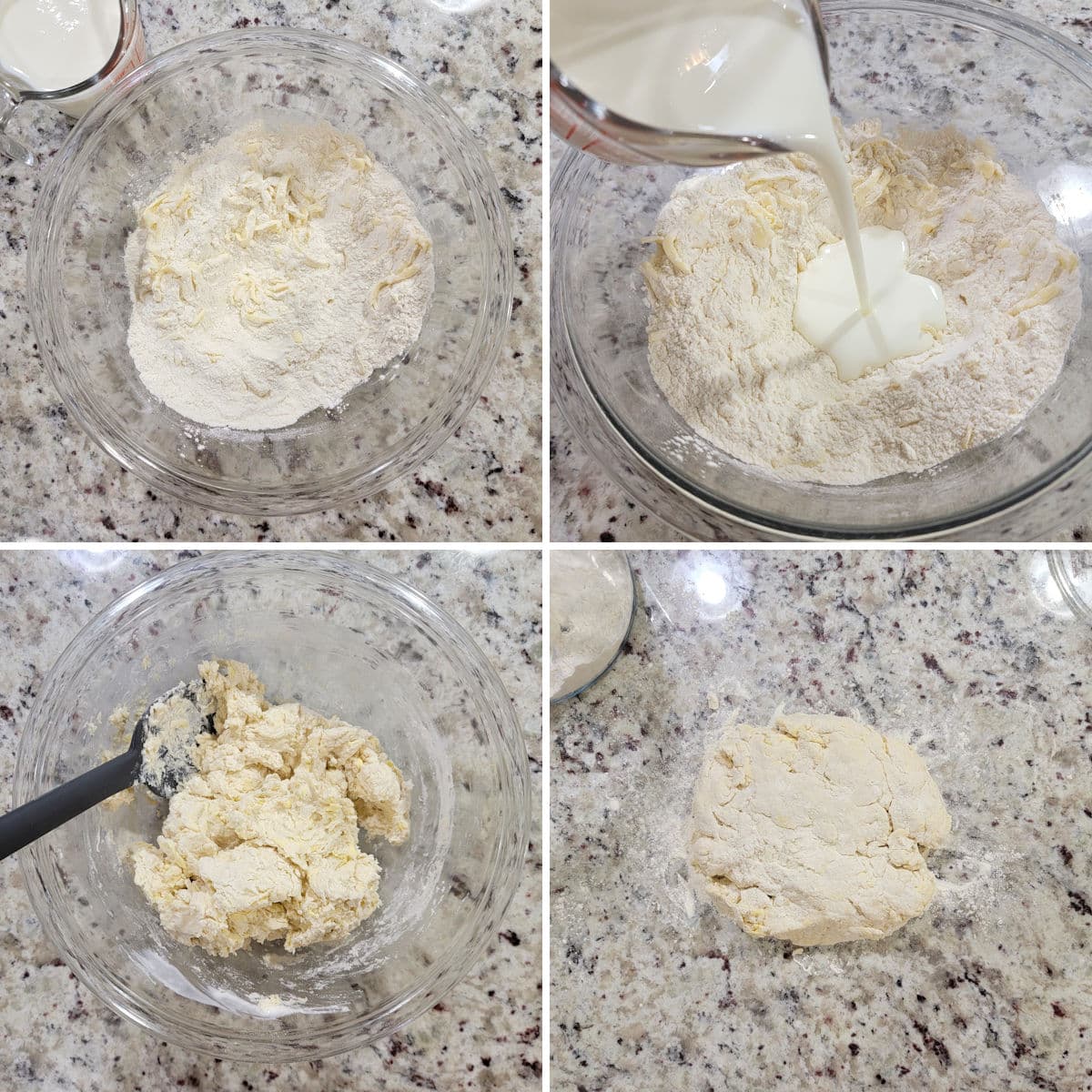 Mixing biscuit dough in a glass bowl.