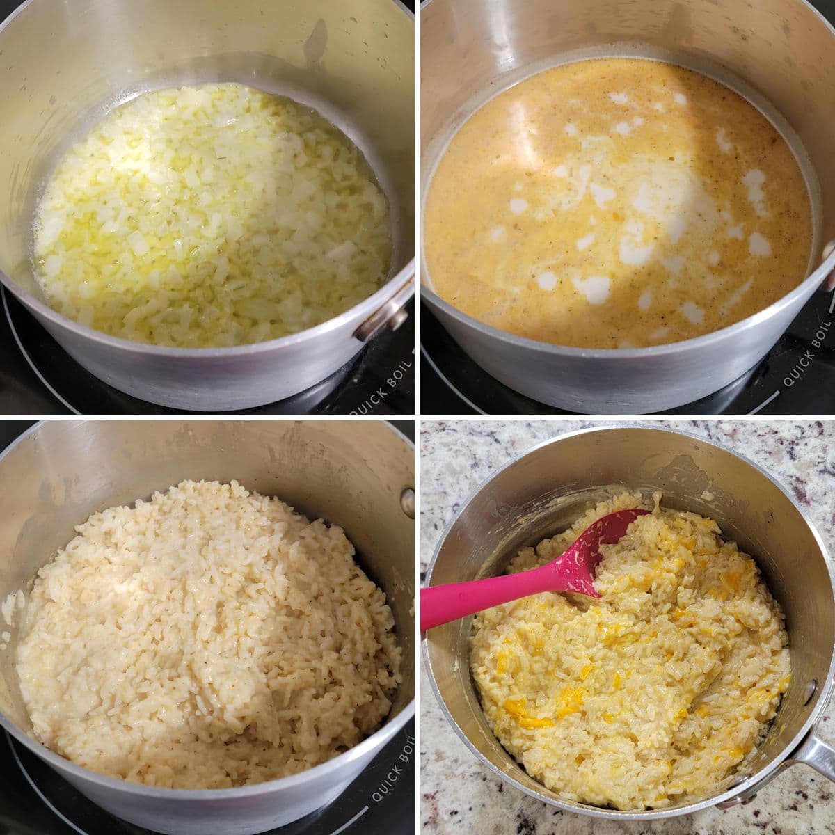 Making cheesy rice in a saucepan.