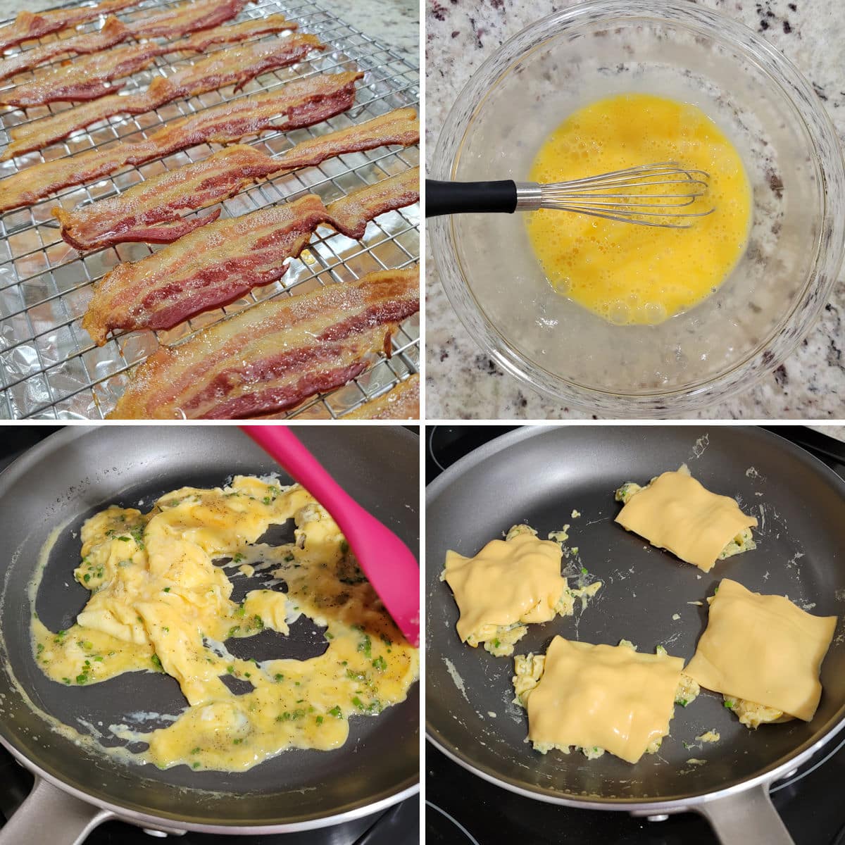 Making ingredients for a bacon, egg, and cheese sandwich.
