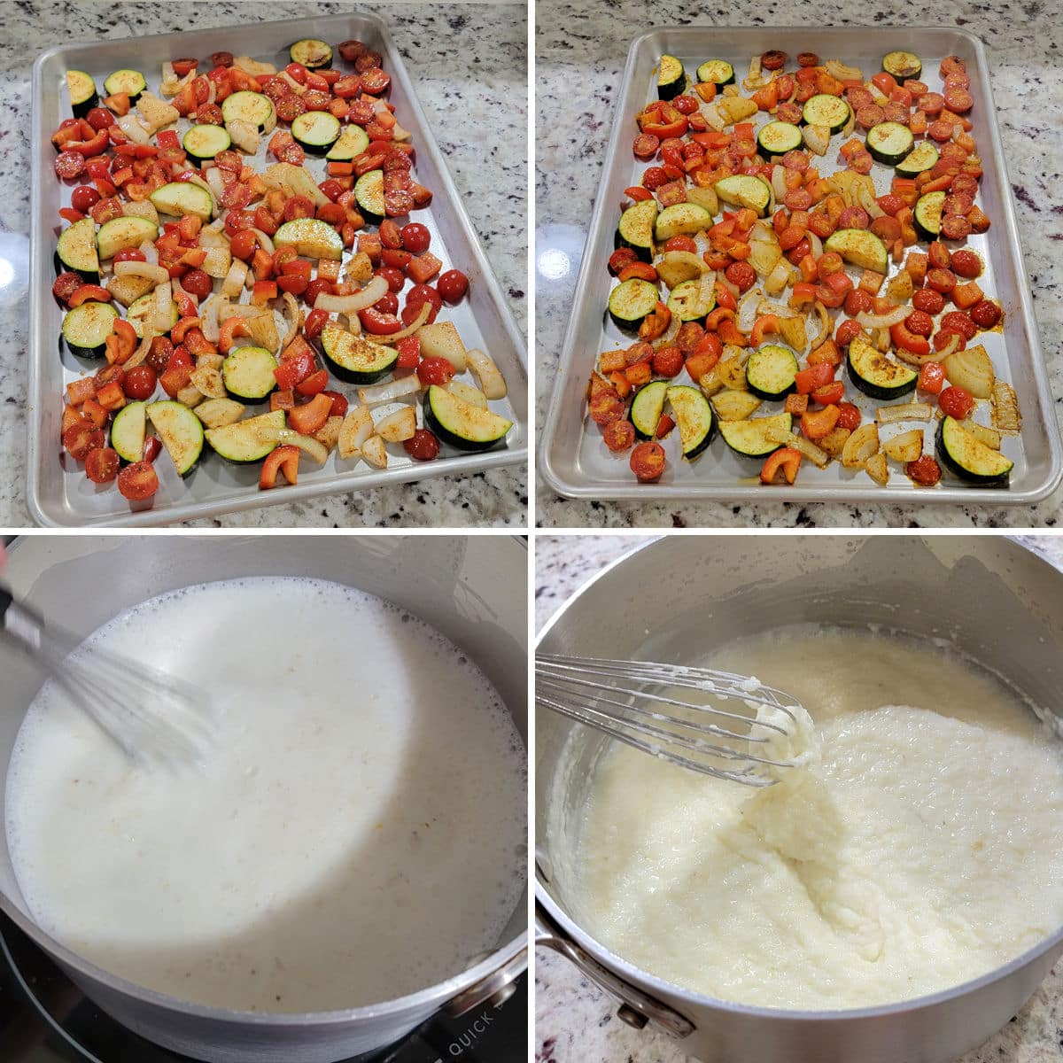 Roasted vegetables on a sheet pan and grits in a saucepan.