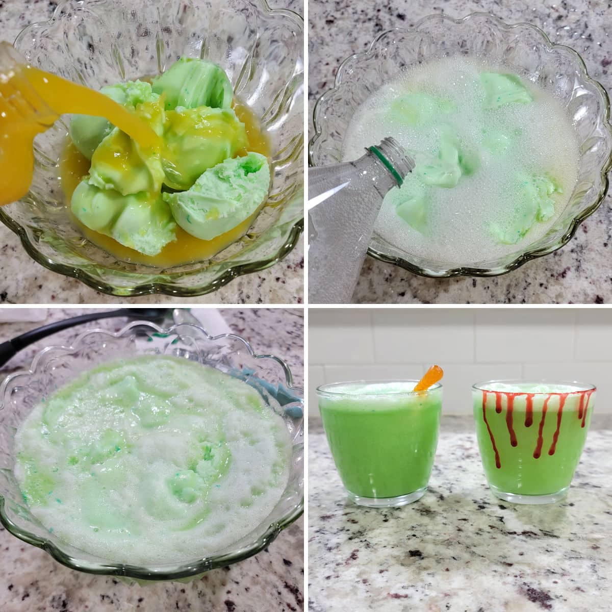 Making Halloween sherbet punch in a glass punch bowl.