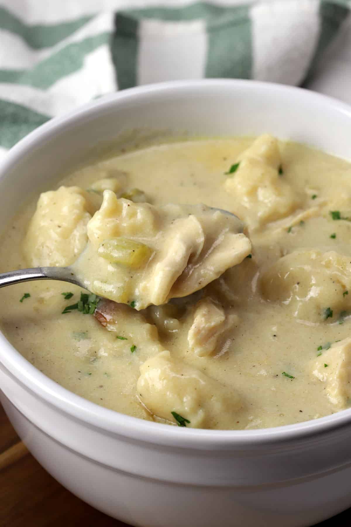 A metal spoon in a bowl of chicken and dumplings.