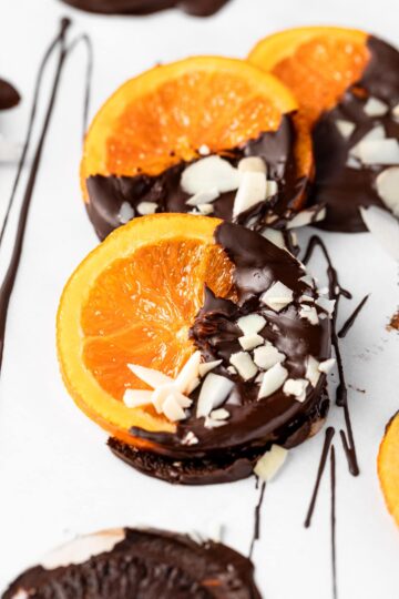 Orange slices dipped in chocolate and sea salt.