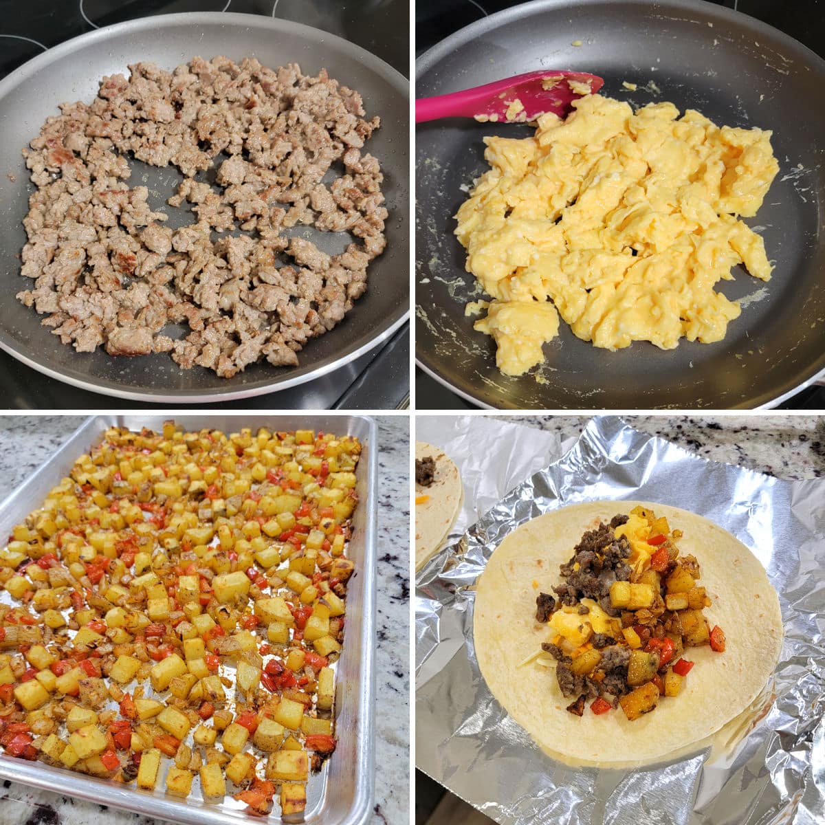 Making the components of a breakfast burrito.