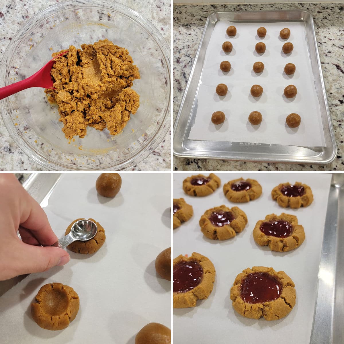 Making peanut butter thumbprint cookies.