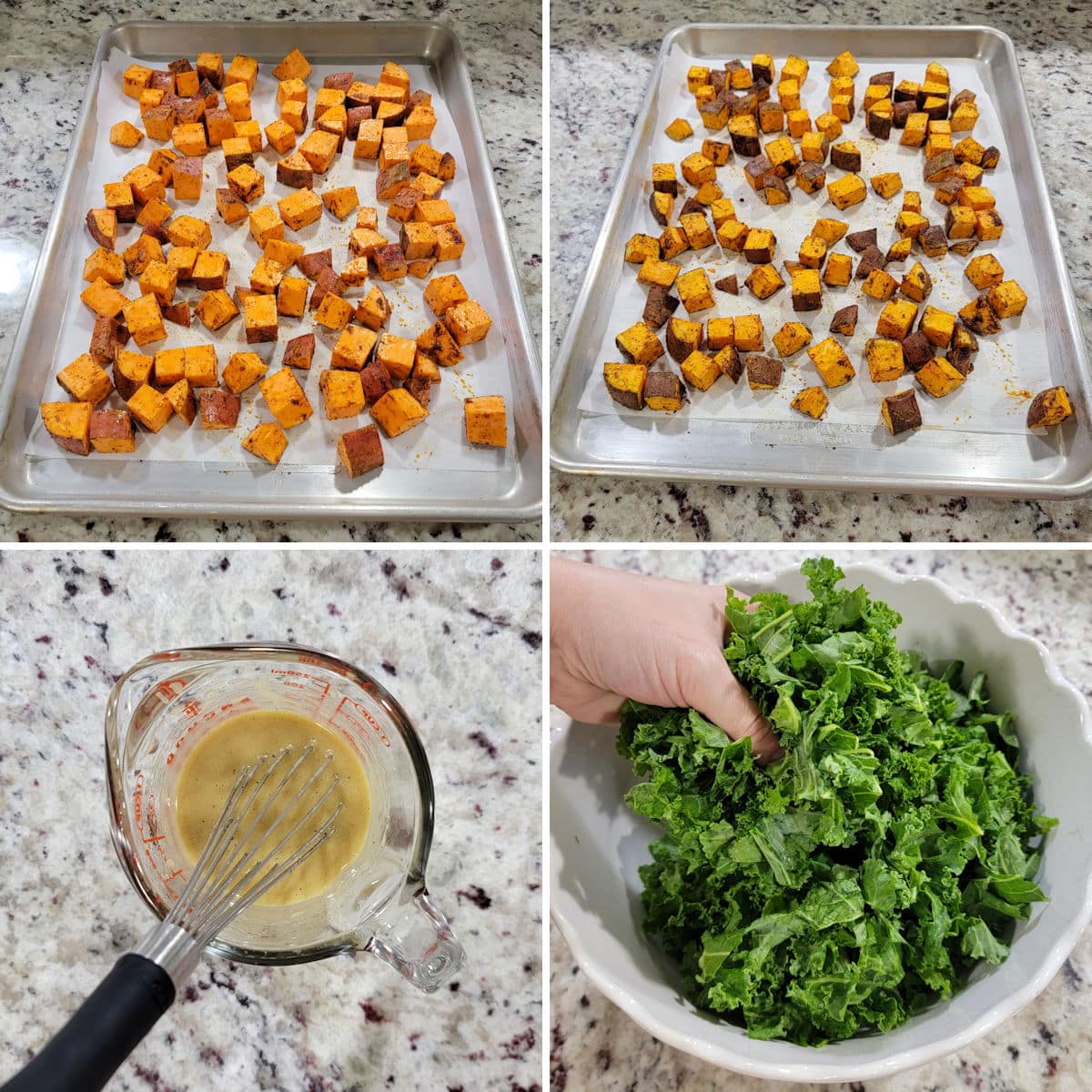 Making roasted sweet potatoes and dressing for salad.