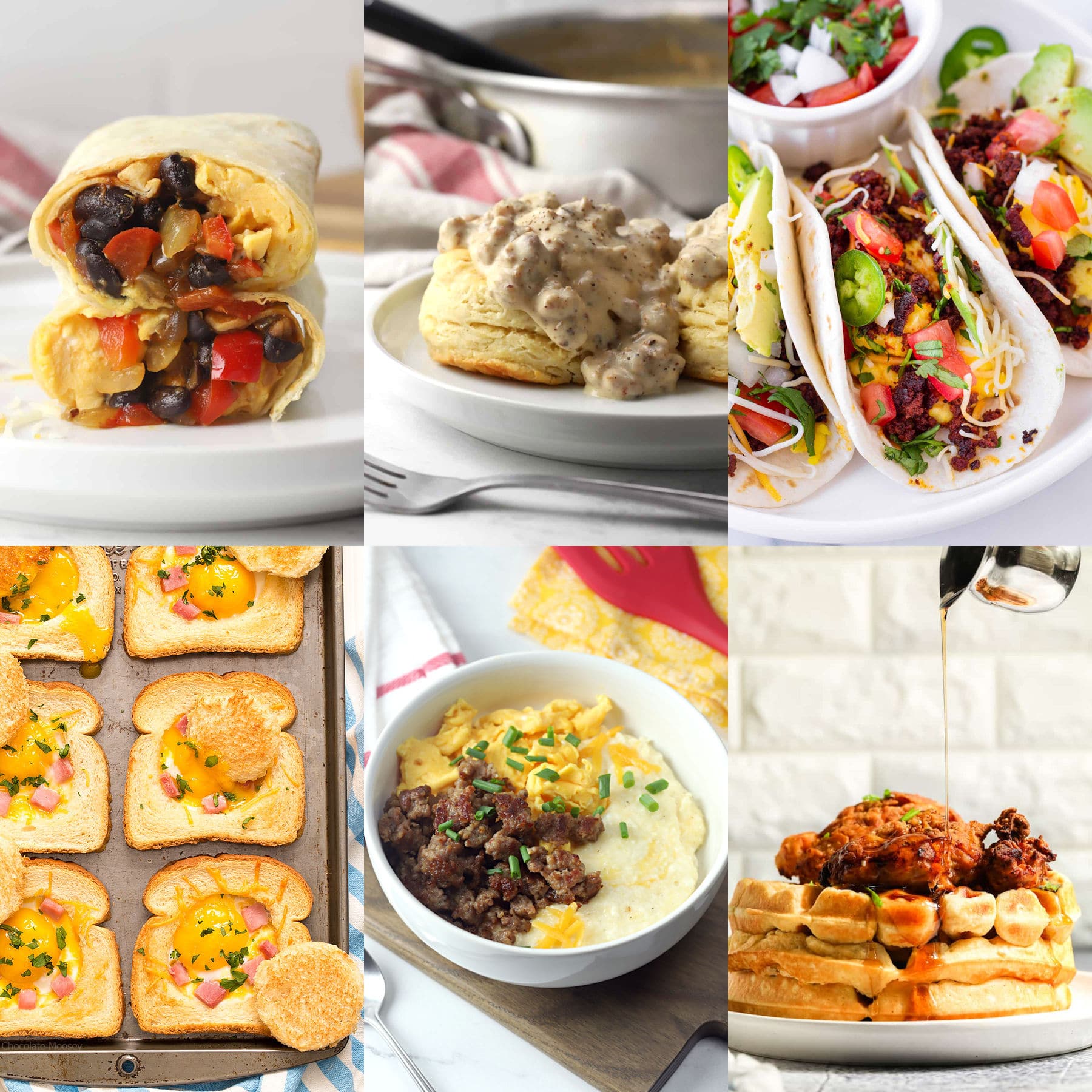 A decorative collage showing breakfast for dinner recipes.