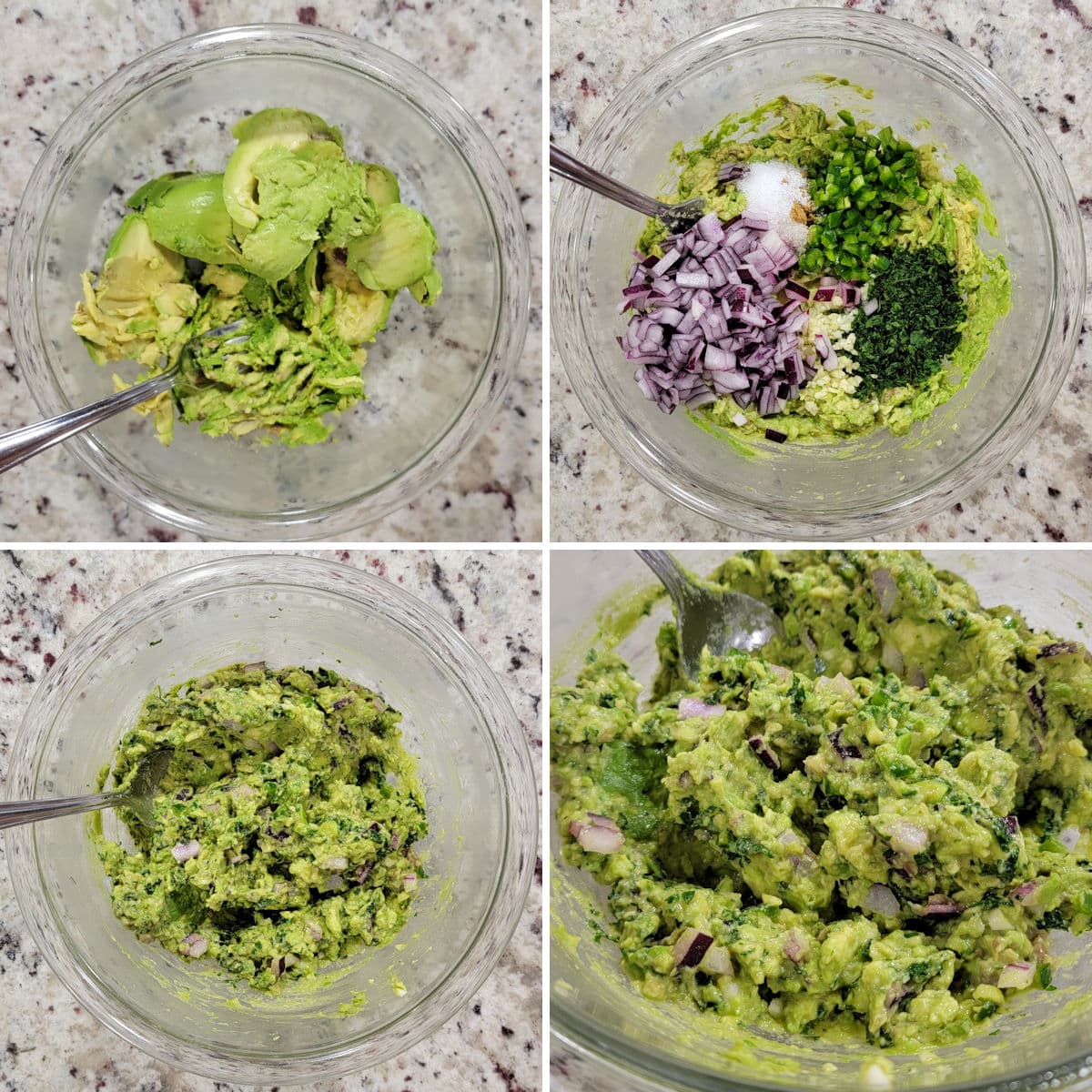 Mixing guacamole ingredients in a glass bowl.
