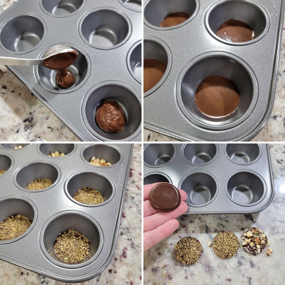Making hanukkah gelt in a mini muffin pan with melted chocolate.