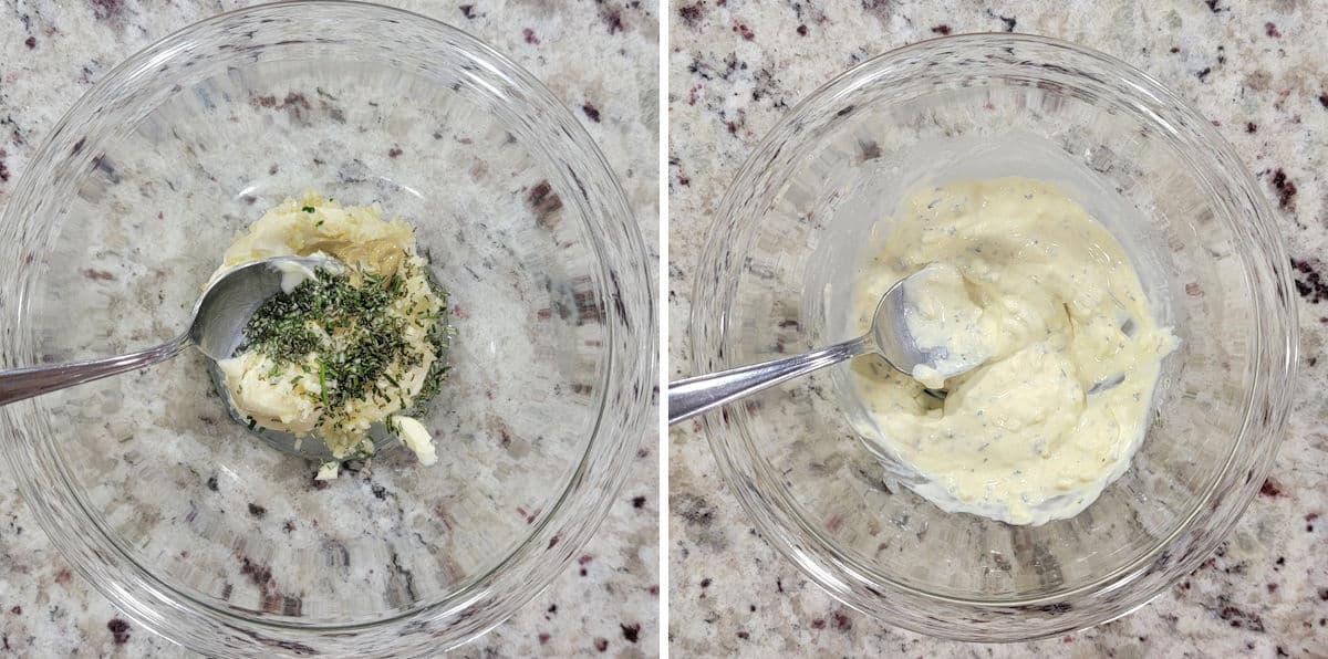 Making rosemary garlic mayo in a glass bowl.