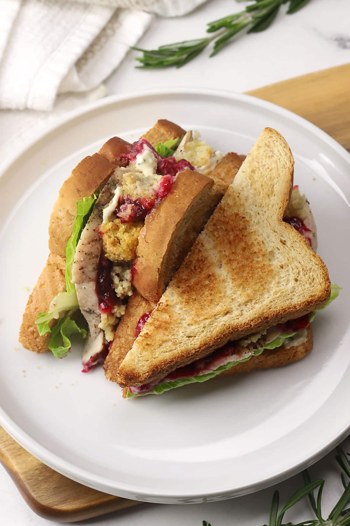 A turkey cranberry sandwich sliced in half on a white plate.