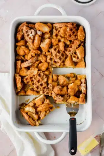 A baking dish of chicken and waffle casserole.