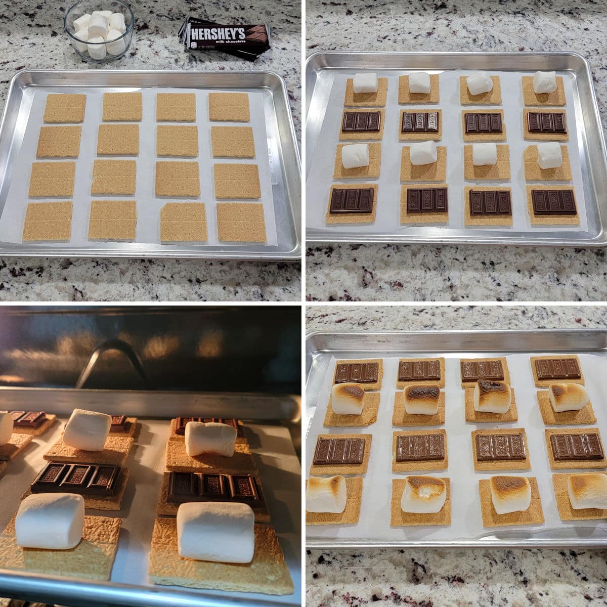 Making s'mores on a sheet pan in the oven.