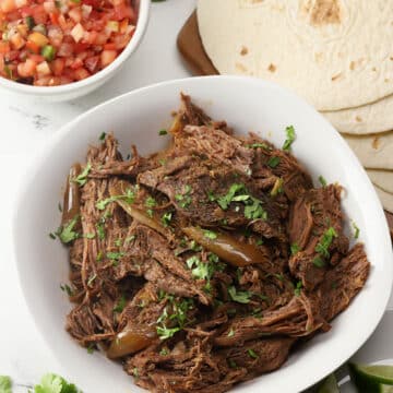 A serving bowl filled with Mexican shredded beef.