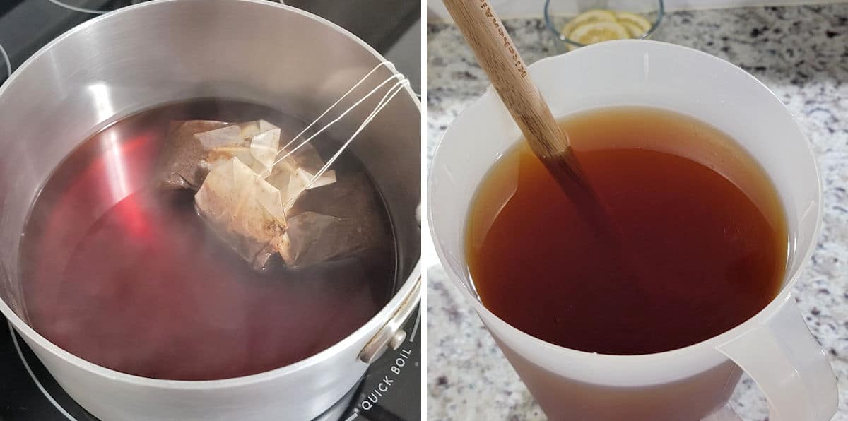 Making sweet tea on the stovetop and transferring to a pitcher.