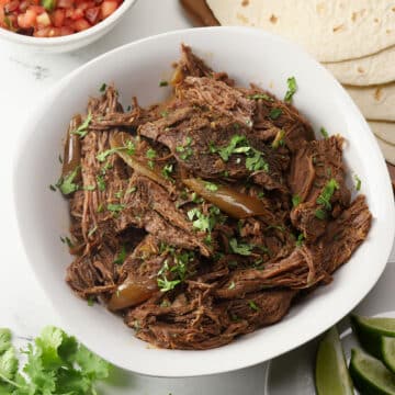 A serving bowl filled with Mexican shredded beef.