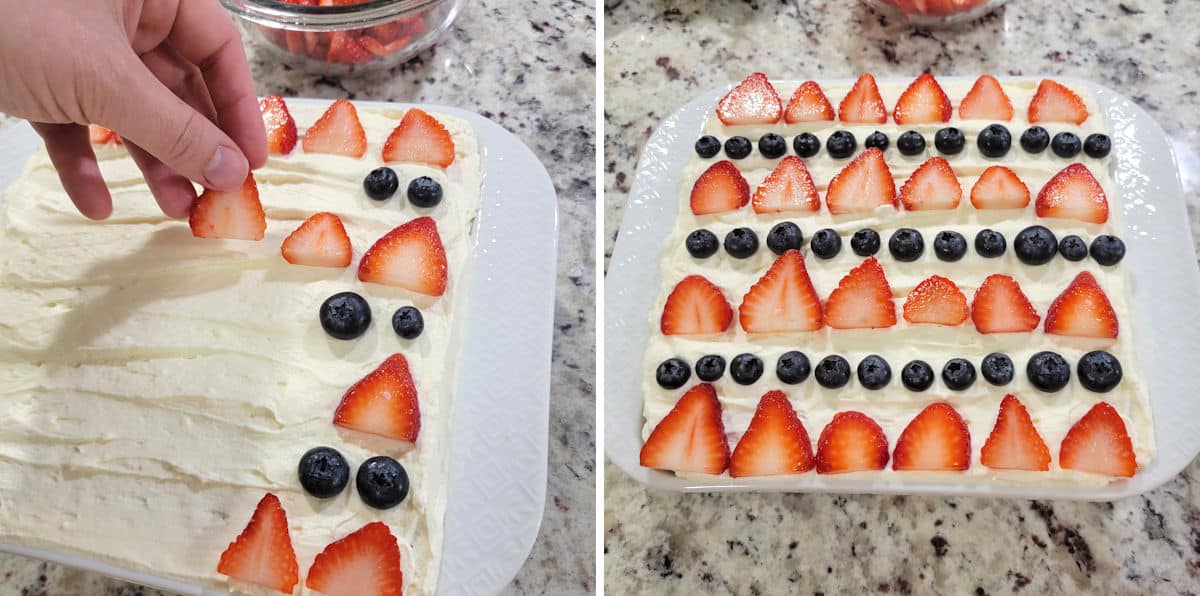 Decorating the top of an icebox cake with summer berries.