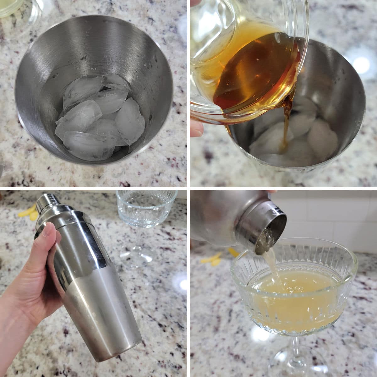 Making a bee's knees cocktail in a drink shaker.