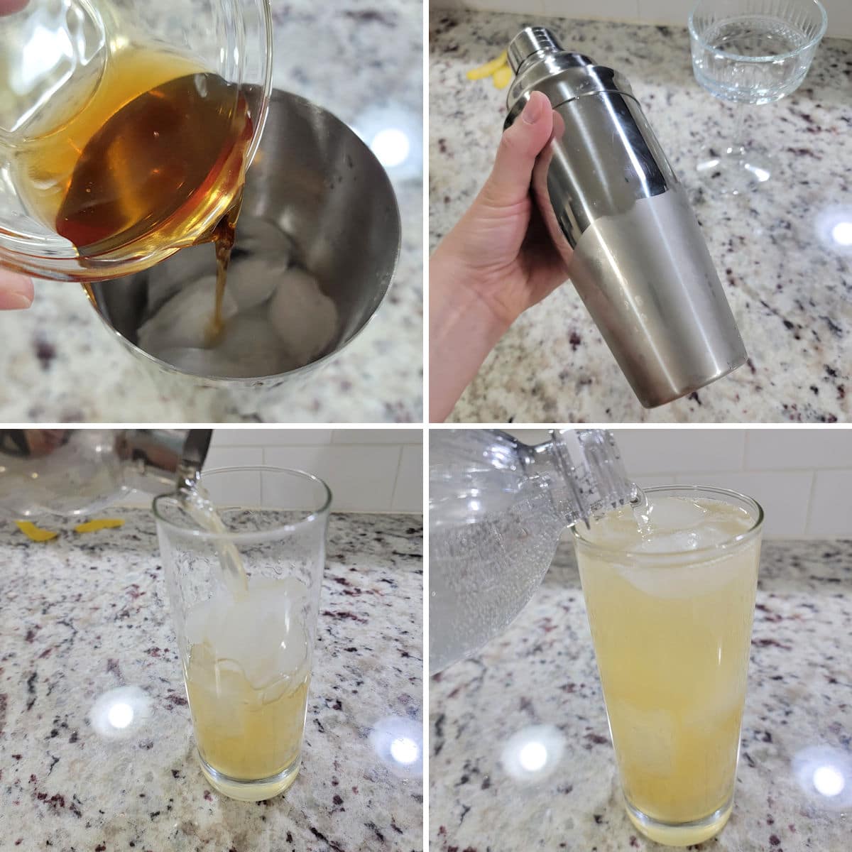 Making a bee's knees spritz in a cocktail shaker.