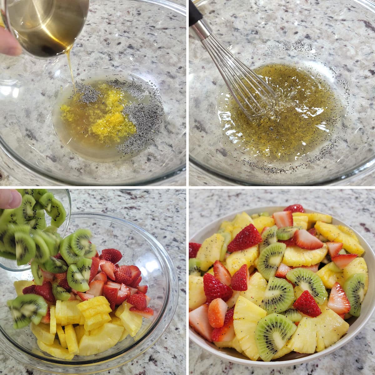 Making spring fruit salad in a large glass bowl.