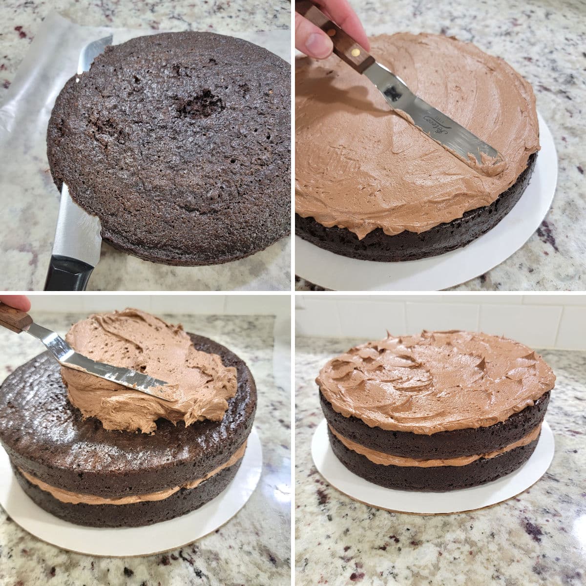 Assembling and frosting a chocolate layer cake.