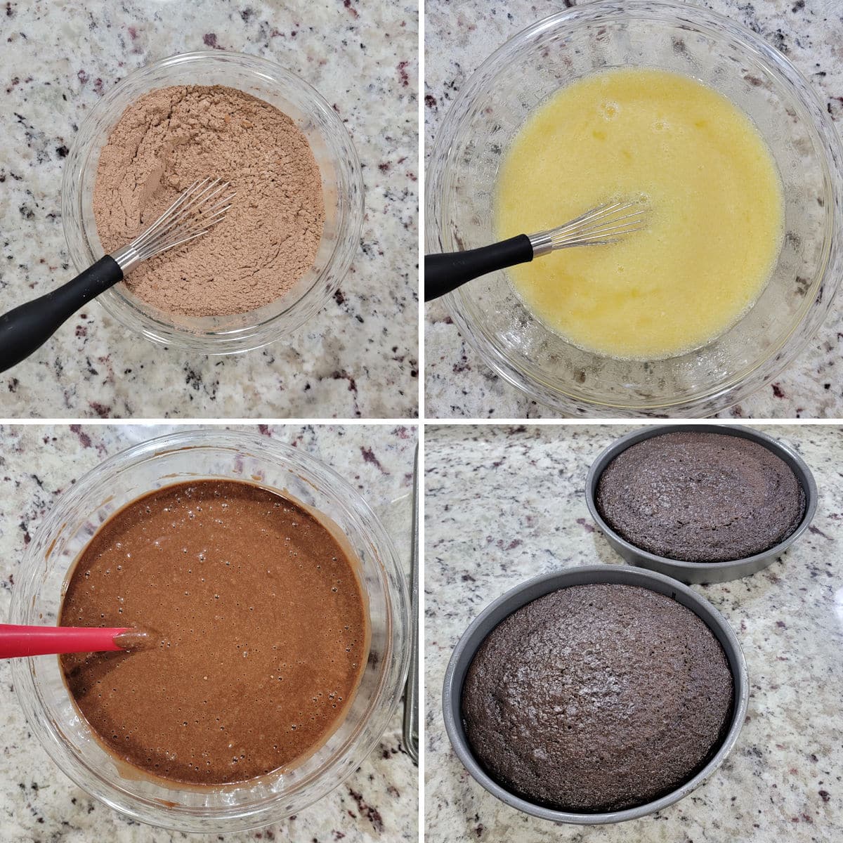 Preparing the batter and baking chocolate cake in two round cake pans.